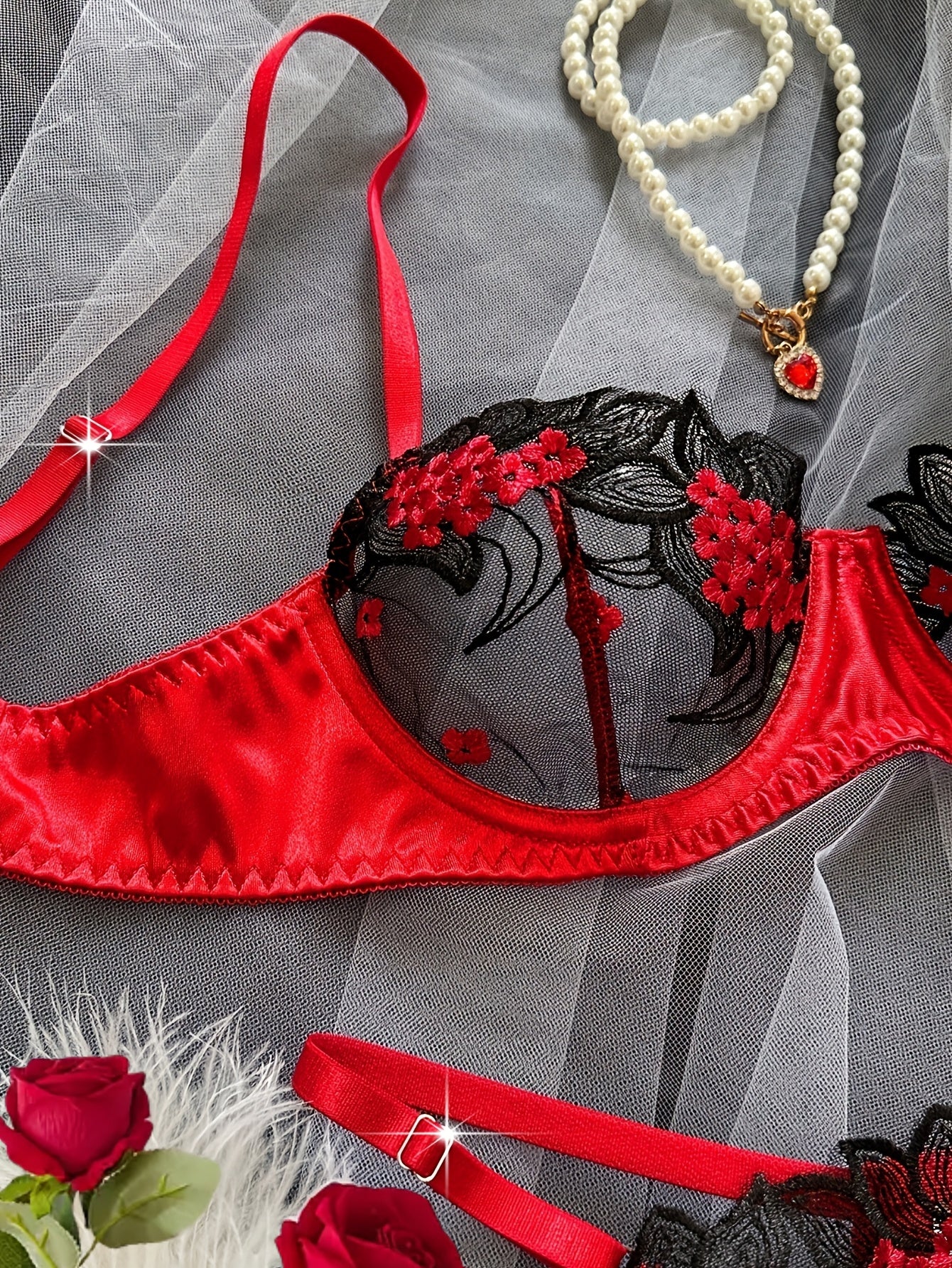 Women'S Floral Embroidery Mesh Bra and Panty Set, Sexy See-Through Lingerie, Medium Support Knit Fabric, Polyester 95% Elastane 5%, Party Style, Adult Romantic Underwear for Dating & Parties