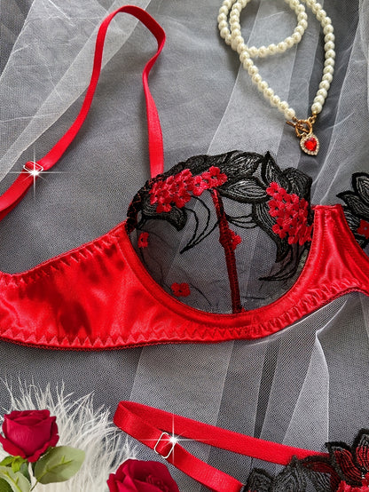 Women'S Floral Embroidery Mesh Bra and Panty Set, Sexy See-Through Lingerie, Medium Support Knit Fabric, Polyester 95% Elastane 5%, Party Style, Adult Romantic Underwear for Dating & Parties