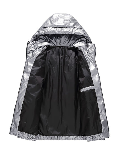 Men'S Winter Coat - Glossy Black Cold Weather Jacket, Non-Stretch Outer Shell, Zippered Pockets & Hooded Design for Formal & Everyday Use - Insulated Outerwear for Everyday & Special Occasions, Winter Jacket, Sleek Appearance