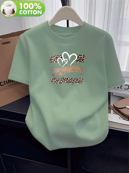 Women's Cotton Short Sleeve T-Shirt with Heart Leopard Print