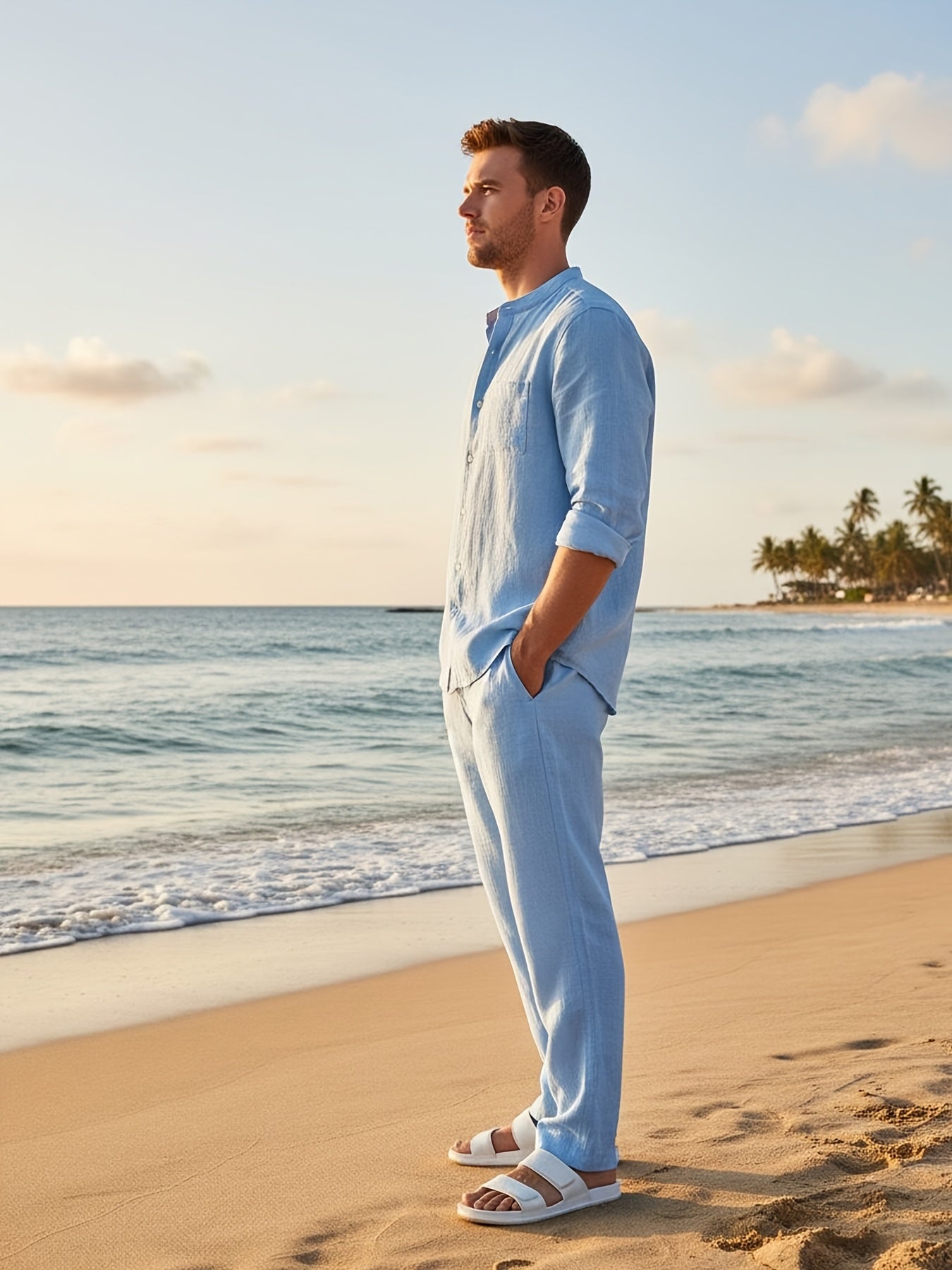 Men's Linen Long-Sleeve Shirt & Pants Set for Spring and Fall