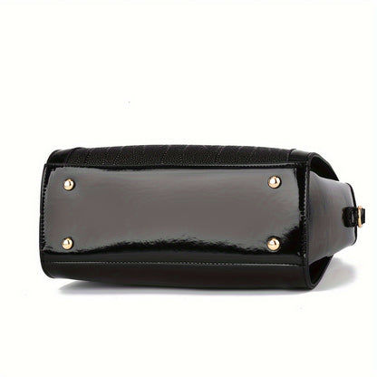 Classic Solid Color Crocodile Pattern Handbag with Clutch Purse, Textured Bags for Wo