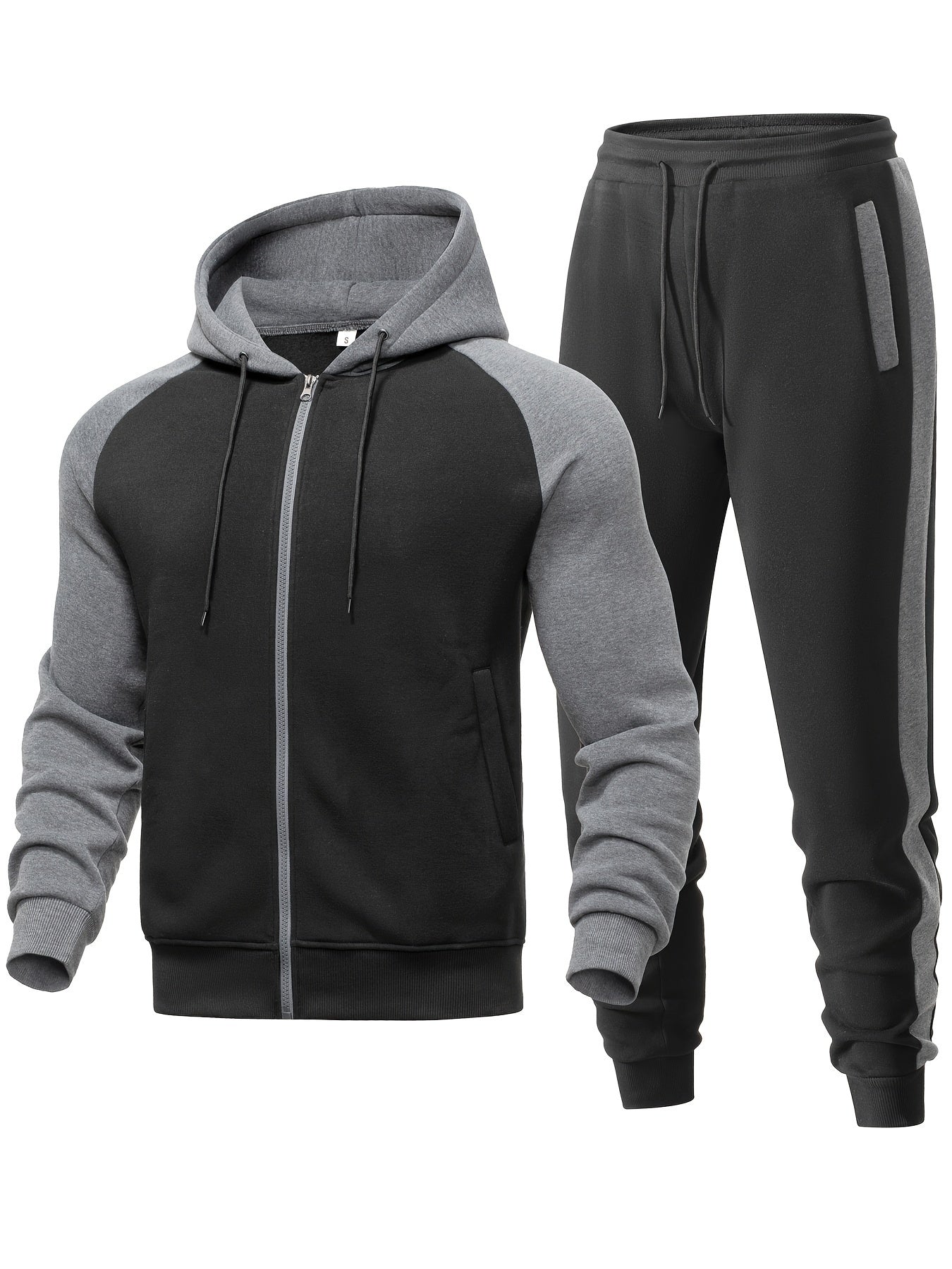 Men's Casual Sports Hoodie Two-Piece Set Four Seasons Color-Matching Zipper Drawstring Waist Jogging Suit - ayq