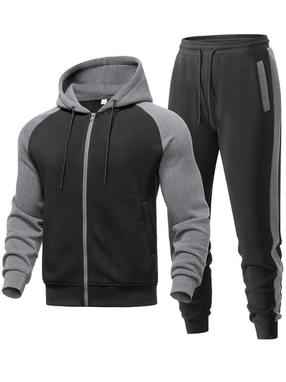 Men's Casual Sports Hoodie Two-Piece Set Four Seasons Color-Matching Zipper Drawstring Waist Jogging Suit - ayq