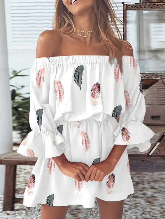 Print Dress for Women - Ruffle Trim, Half Sleeve, Stretchy Polyester Blend, Machine Washable