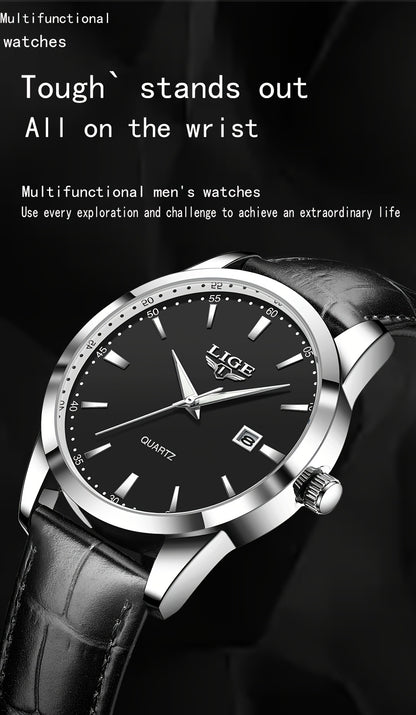 A Stylish Timepiece By LIGE Featuring A Blend Of Business And Casual Design, With A Faux Leather Strap, Alloy Case, And A Non-rechargeable Battery.