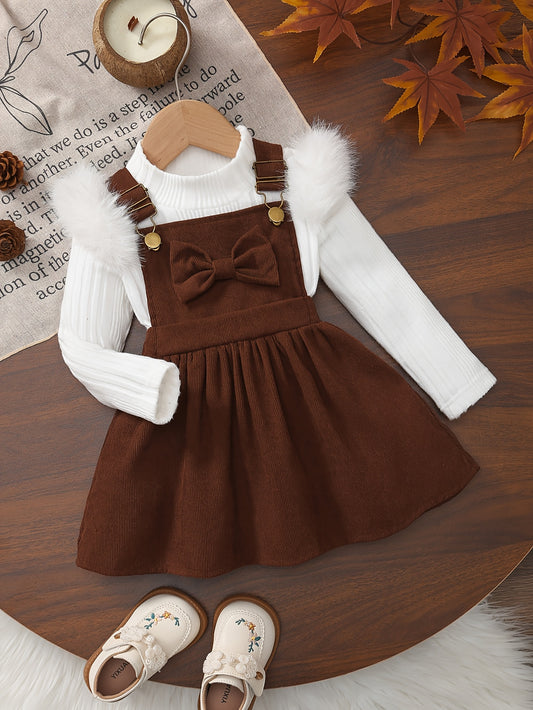 2pcs Baby Winter Outfit Set: Cozy Fluffy Sleeve Smock Dress & A-Line Bow with Collar & Fringe Trim - Soft Warm Clothes for Photoshoots, Christmas (Hand Washable), Perfect for Outdoor