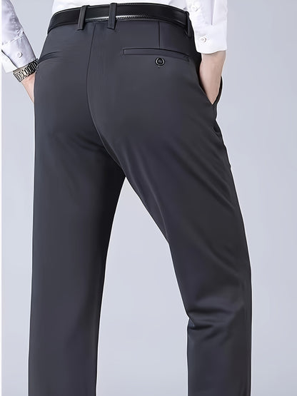 Men's Sleek Business Casual Dress Pants - Solid Black, Straight Leg, Wrinkle-Resistant Polyester Blend, All-Season Formal Trousers with Button Detail