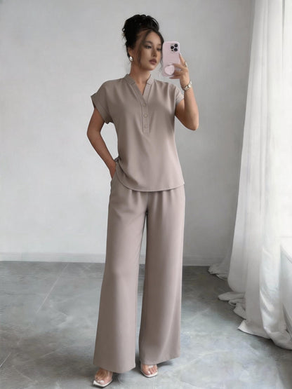 Elegant Women’s Summer Two-Piece Set with Stand Collar Top & Wide-Leg