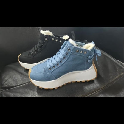 Women'S Winter Boots with Plush Lining - Thickened Warm Snow Boots, Lace-Up Closure, Non-Slip PVC Sole - Elegant Cold Weather Shoes for Everyday & Formal Outfits - Easy-Clean Fabric Upper - Available in Blue, Black, Brown, Re