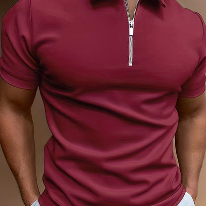 [Golf Apparel] Men's Classic White Shirt - Casual Summer Style with Short Sleeves, Zipper Collar, and Stretch Polyester Fabric - Perfect for Streetwear & Golf