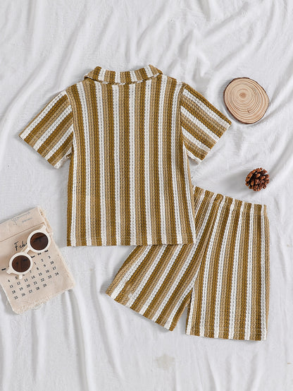Boys' Summer Striped Waffle Knit Shirt & Shorts Set