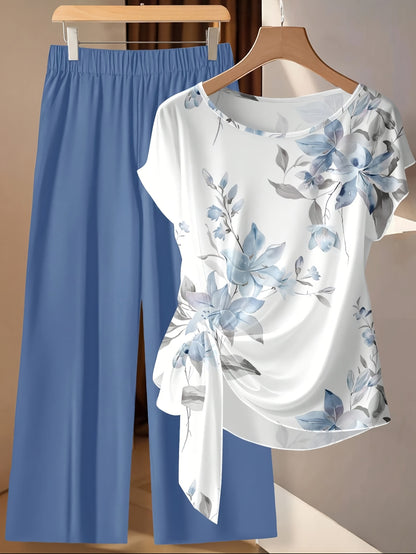 Women's Floral Bow-Tie Blouse & Loose Straight Pants Set