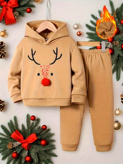 Creative Christmas Reindeer Pattern Design, Boy's 2pcs Co Ord Set, Comfy Long Sleeve Hoodie & Casual Versatile Sweatpants, Warm Fleece Outfit, Ideal For Autumn And Winter Outdoor Wear