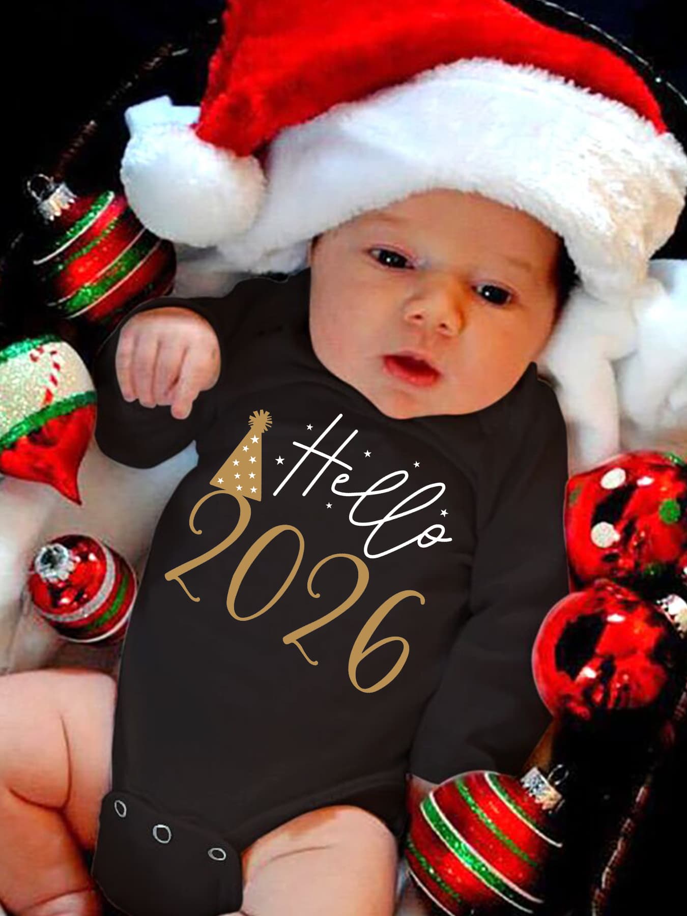 2026 New Year Boys & Girls' Cute Long Sleeve Bodysuit with "Hello 51.46meter Letter Print, Soft Stretch Fabric, Round Neck, Regular Fit, Perfect for Fall/Winter, for Outdoor, Winter Babywear, Playful Babywear, Comfortable Bab