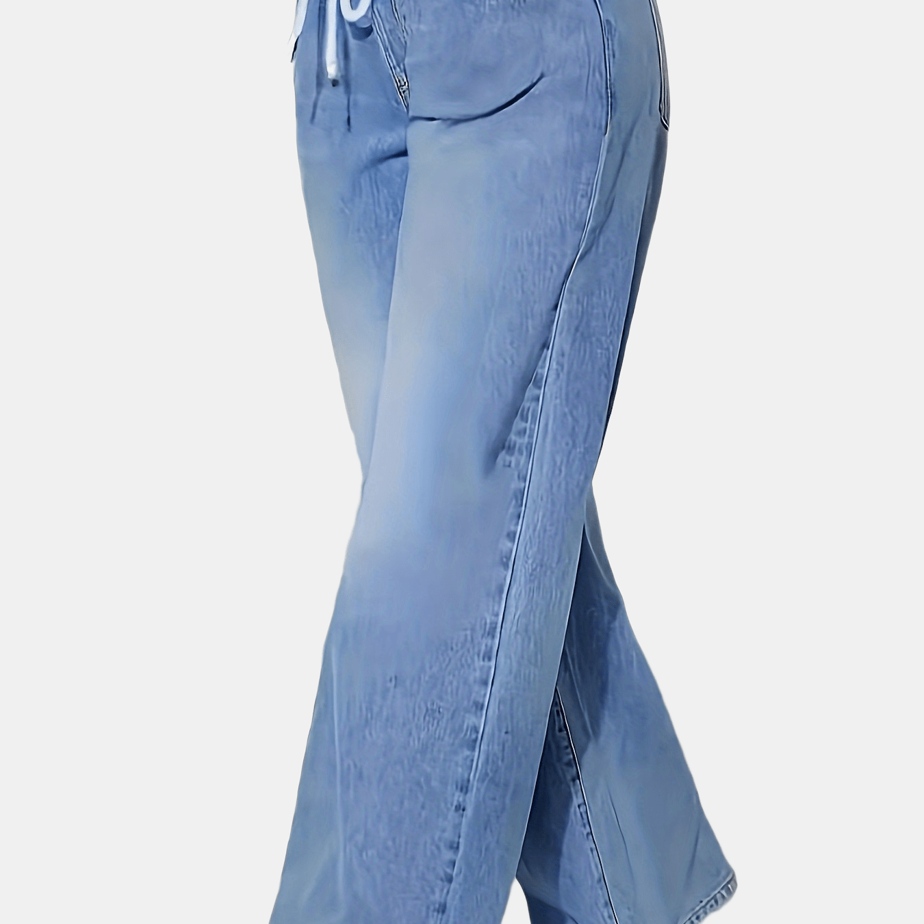 Ladies' Light Blue Elastic Waist Drawstring Washed Stretchy Elegant Straight-Leg Wide-Leg Jeans with Slant Pockets.