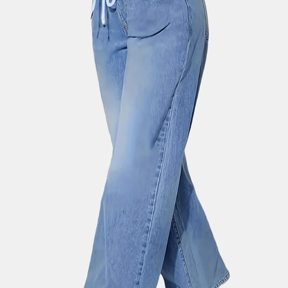 Ladies' Light Blue Elastic Waist Drawstring Washed Stretchy Elegant Straight-Leg Wide-Leg Jeans with Slant Pockets.