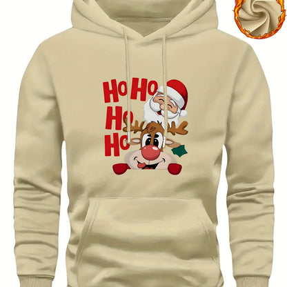 Men's Christmas Hooded Sweatshirt with Rudolph & Santa Print - Thickened Winter Pullover Hoodie, Warm Long Sleeve Casual Sweater for Skiing, Parties, Team Events - Machine Washable (Couple Matching, Unisex Style)