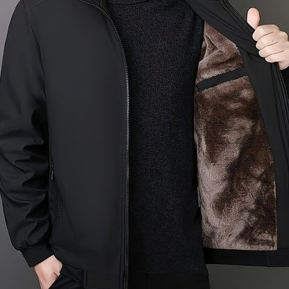 Men's Fleece-Lined Zip-Up Jacket - Casual Stand Collar, Outdoor Sports Coat with Pockets, Machine Washable