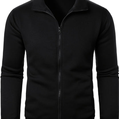 Men'S Slim-Fit Fleece-Lined Zip-Up Hoodie - Warm Long Sleeve Casual Jacket with Stand Collar, Solid Color, Polyester Lining, Pockets, Regular Fit for Fall/Winter, Winter Hoodie, Autumn Outerwear, Sleek Design, Durable Fabric,