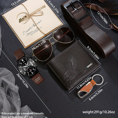 A Stylish And Versatile 7pcs Set for Men, Including a Classic Faux Leather Watch, Wallet, Belt, Keychain, Greeting Card, And Glasses, Suitable for Various Occasions, Essential for Halloween, Parties, Christmas, And Birthdays