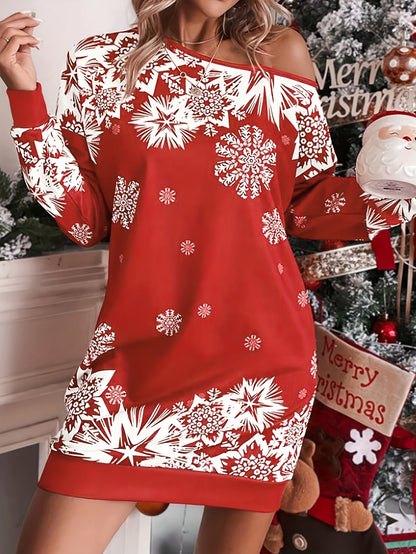 Women'S Elegant Off-Shoulder Red & Snowflake Print Winter Dress with Puff Sleeve & Round Neck - Long Sleeve Party Dress for Christmas, New Year'S Eve, Winter Events - Machine Washable, Christmas Dress, Festive Attire, Offshou