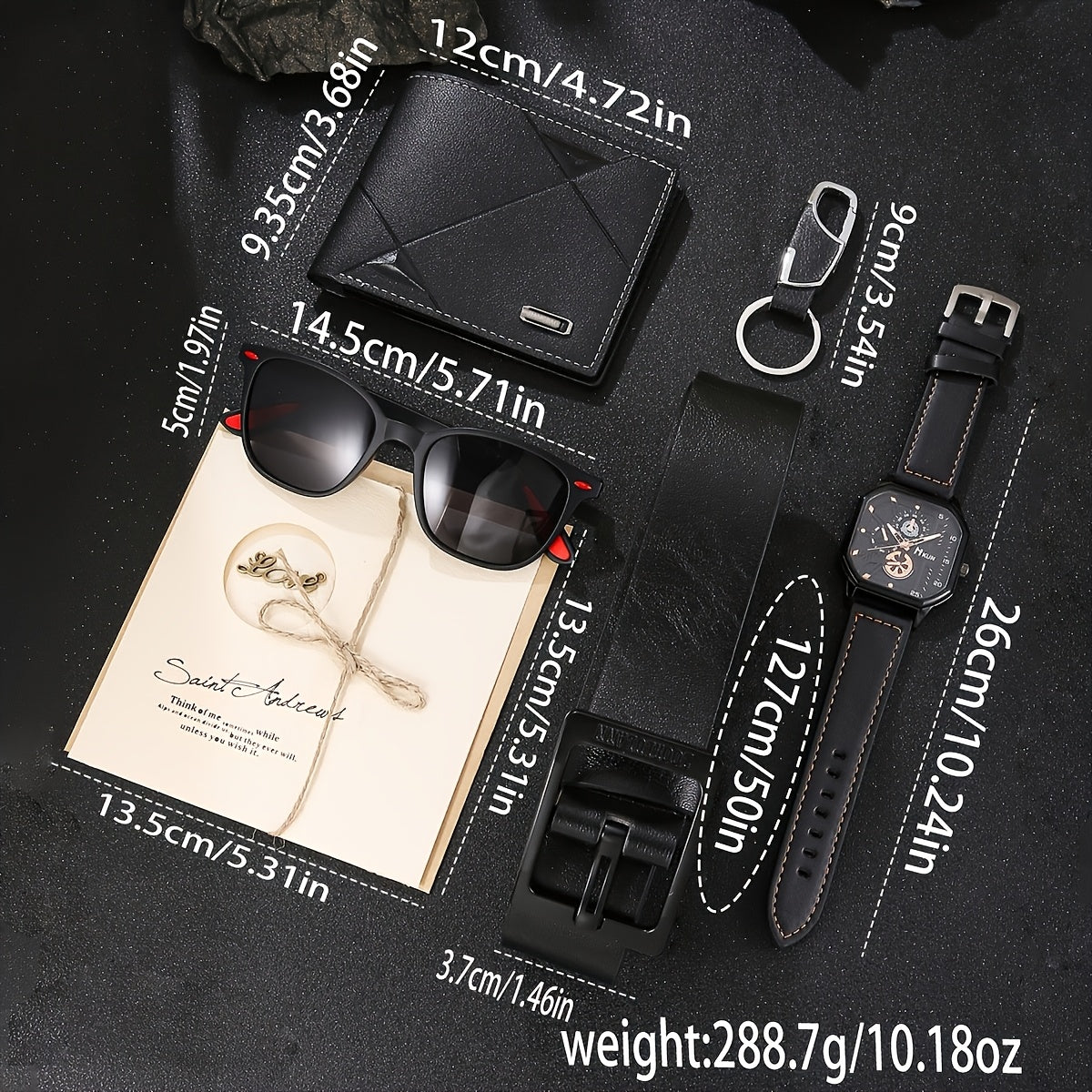 A Set of 6pcs Including a Classic And Simple Casual Men'S Faux Leather Wallet, a Square Dial Watch, Glasses, a Keychain, a Greeting Card, And a Belt, Making It The Perfect Gift for Him for Christmas Or a Birthday.