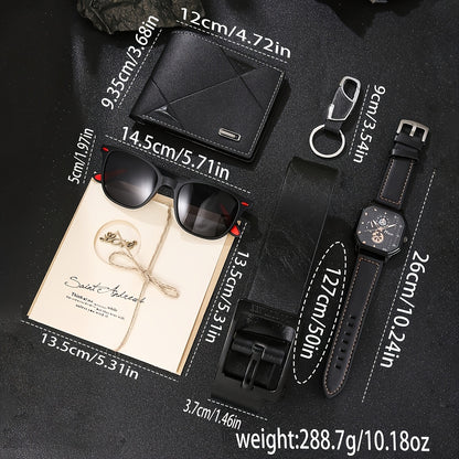 A Set of 6pcs Including a Classic And Simple Casual Men'S Faux Leather Wallet, a Square Dial Watch, Glasses, a Keychain, a Greeting Card, And a Belt, Making It The Perfect Gift for Him for Christmas Or a Birthday.