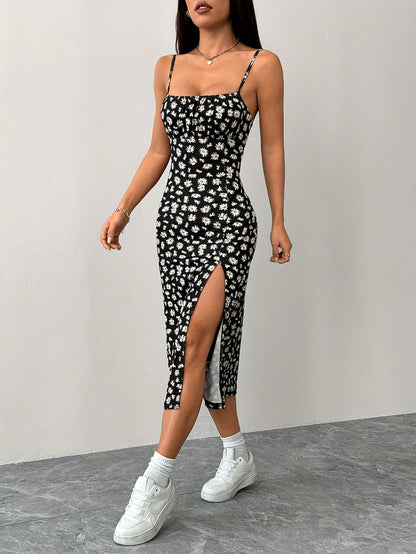 Women's Elegant Floral Midi Bodycon Dress with Side Slit