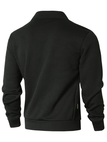 Men's Sporty Full-Zip Stand Collar Sweatshirt - Long Sleeve Casual Pullover with Neon Green Accents, Solid Color Non-Stretch Fabric, Regular Fit for Fall Winter