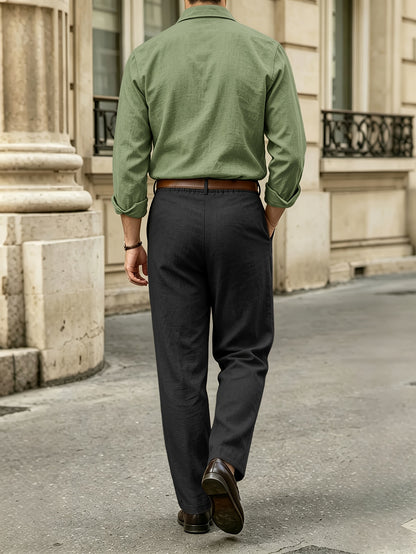 Men's Casual Linen Lapel Shirt & Buckle Pants Set for Spring/Fall