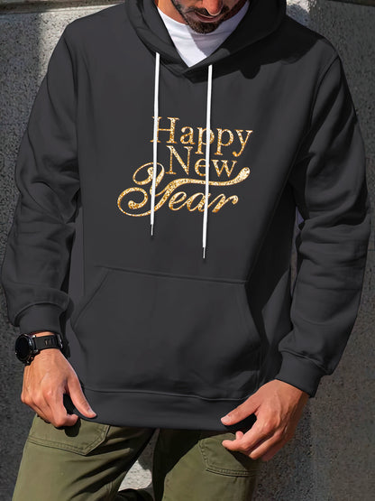 Men'S Golden Letter Print Hooded Sweatshirt - Happy New Year Lettering, Soft Knit Micro-Elastic Fabric, Loose Fit Casual Pullover Hoodie with Front Pocket, Streetwear Style, Unisex Apparel, Durable Material, Trendy Design, Ho