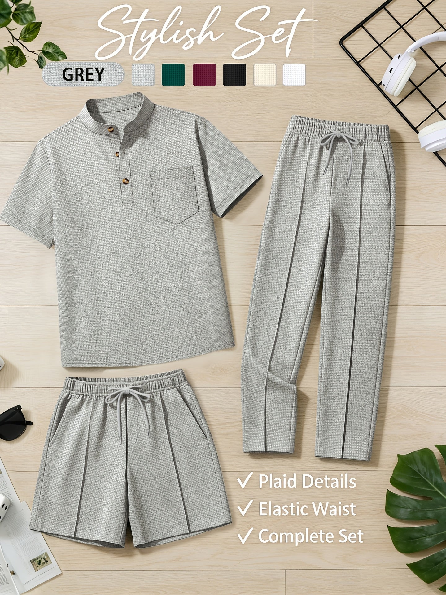 Men's Casual Stand Collar Shirt & Elastic Waist Shorts Set
