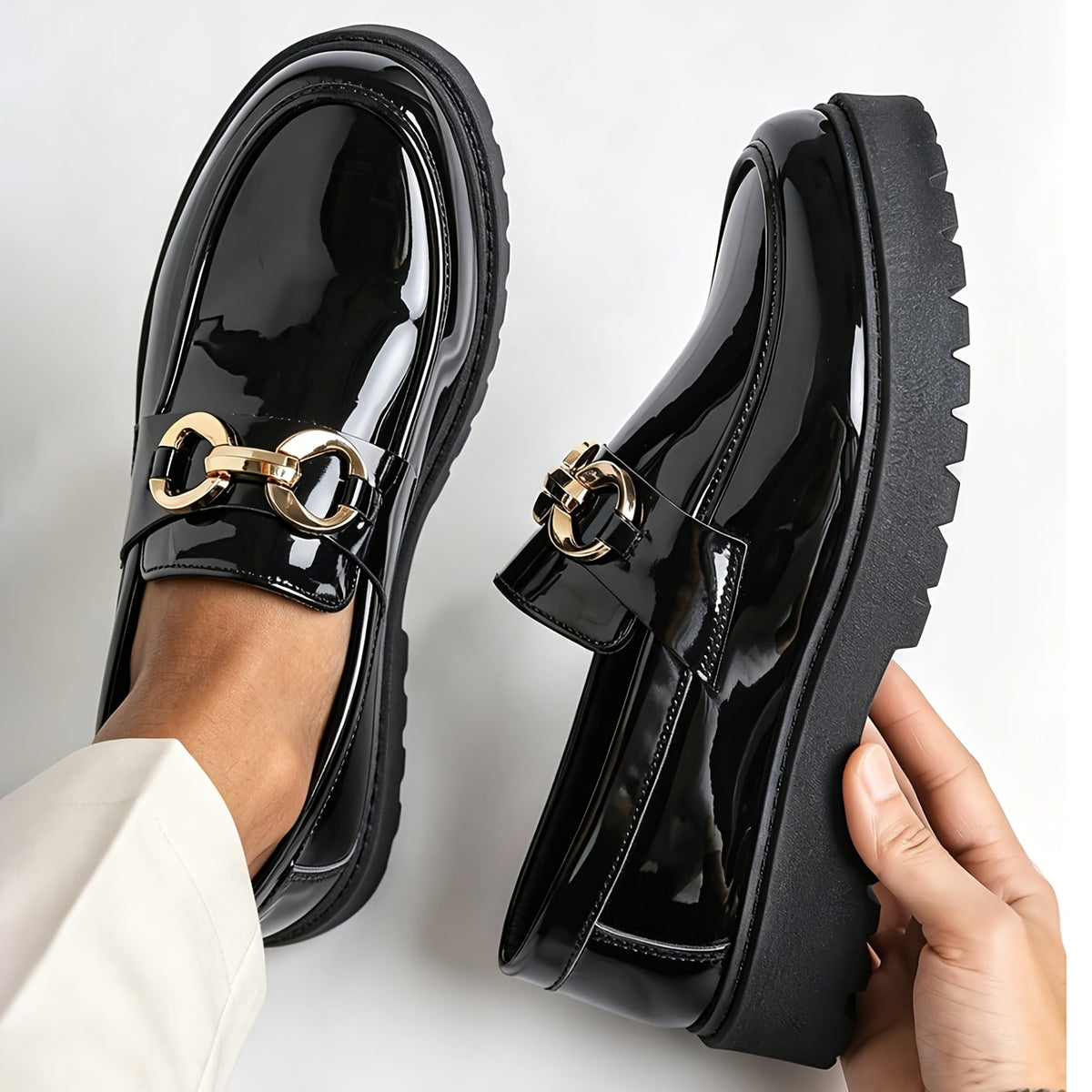 Men's British Style Slip-On Loafers with Metal Buckle, Rubber Sole