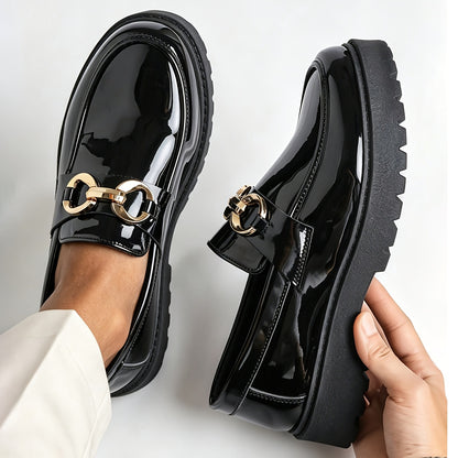 Men's British Style Slip-On Loafers with Metal Buckle, Rubber Sole