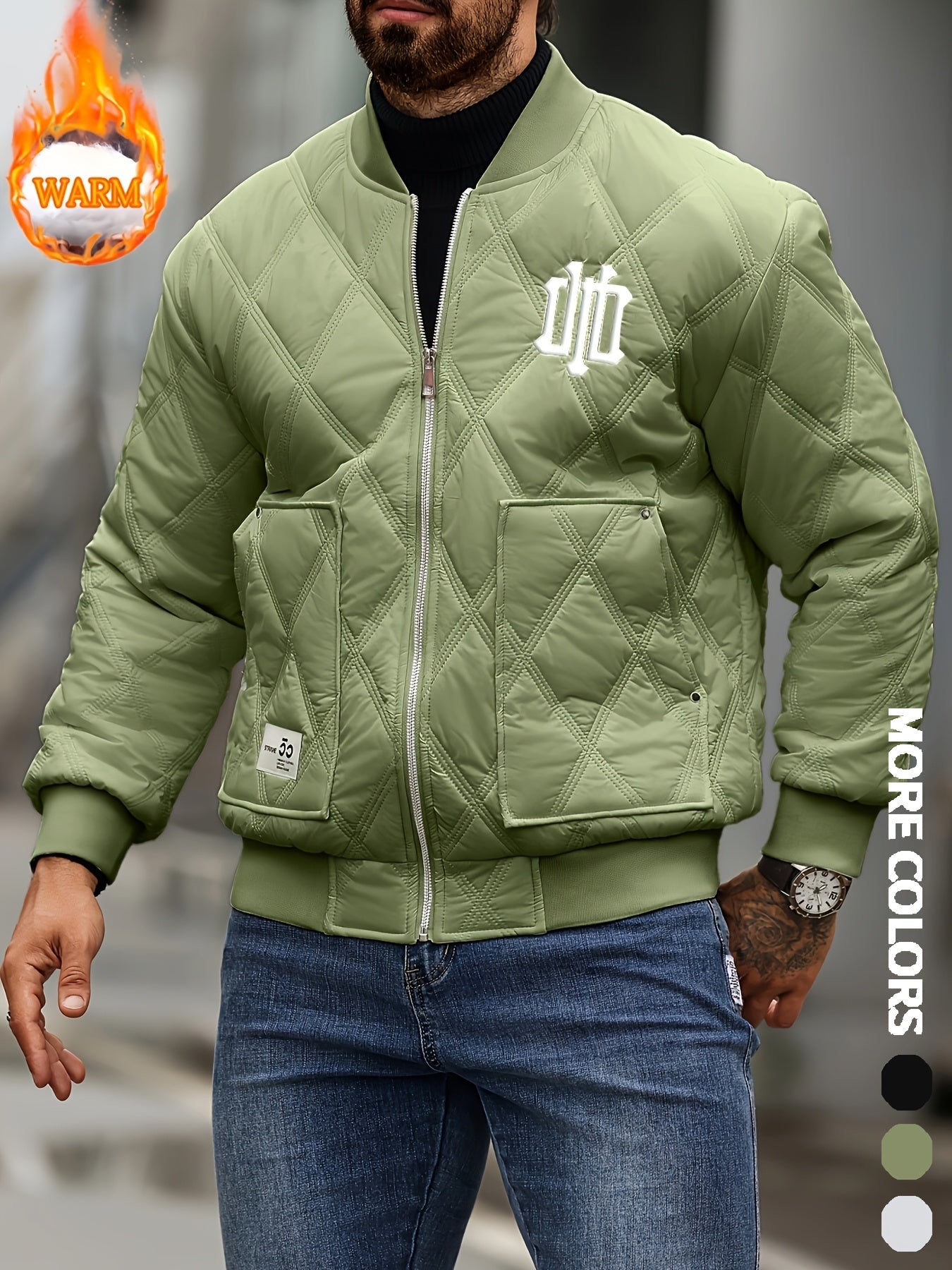 Men's Heavy-Duty Winter Jacket with Thick & Windproof, White Coat with Black Logo & Lettering, Large Zippered Pocket, Machine Washable - Casual Outerwear for Skiing, Travel, Streetwear (Regular Fit), Winter Jacket For Men, Me