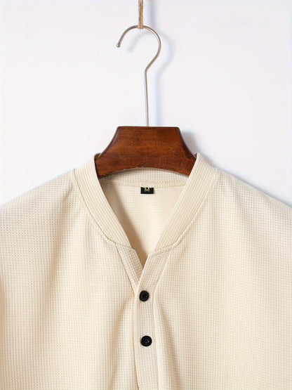 Men's Solid Waffle Stand Collar Short Sleeve Golf Shirts, Casual Style Slight Stretch Regular Fit Summer Tops, Summer Golf Shirts