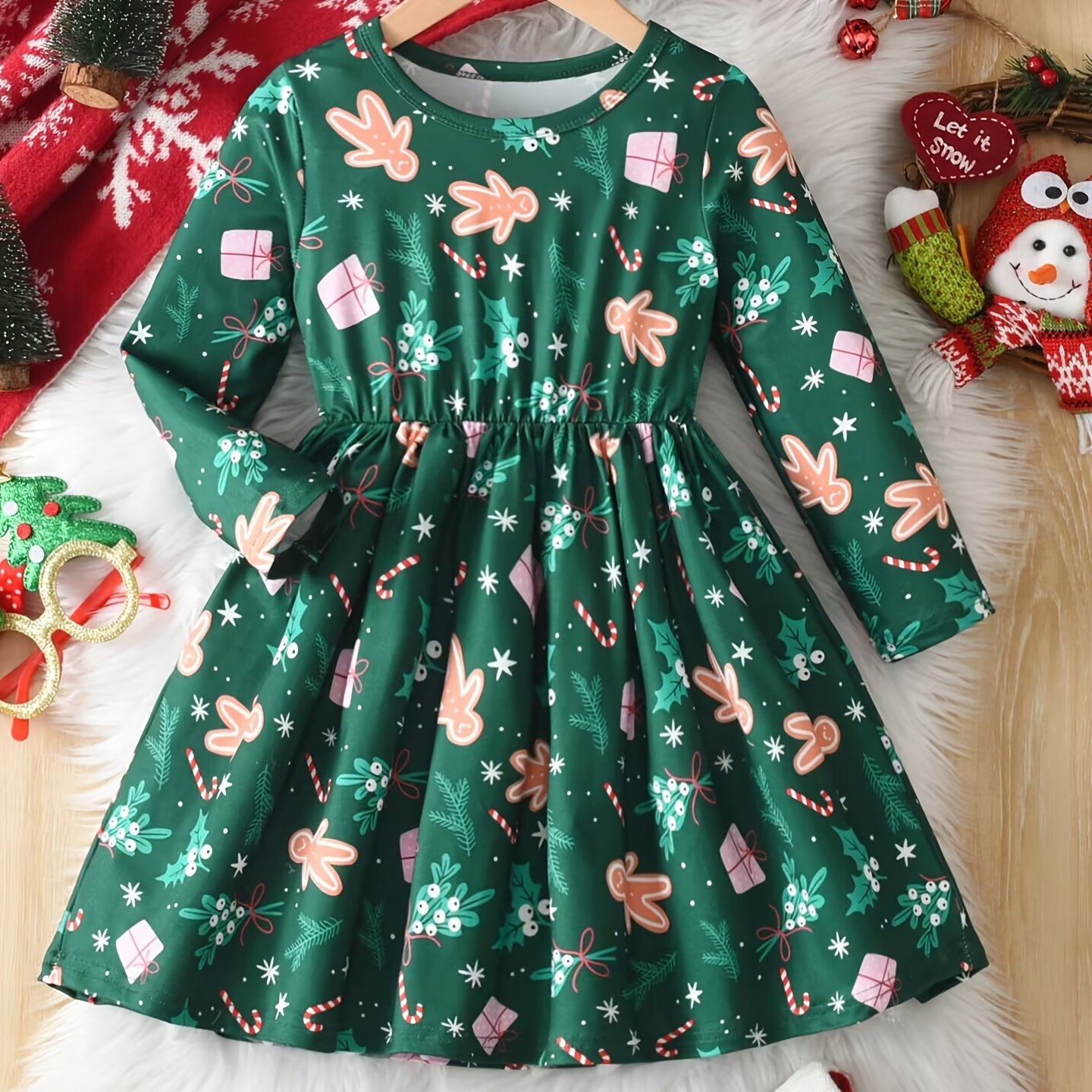 Girls' Christmas Party Dress - Elegant Green & Red Holiday Outfit with Gingerbread Children, Ruffled Hem & Waist - Long Sleeve Formal Party Dress for Christmas, New Year, Birthday - Machine Washable Girls' Clothing, Christmas