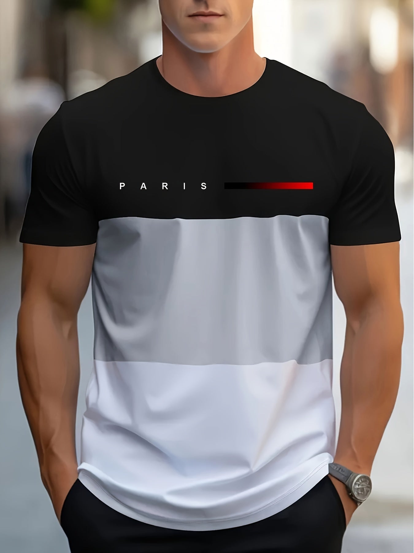 Men's Casual Crew Neck T-Shirt with Paris Print, Short Sleeve Knit Polyester Blend Top for Spring/Summer Outdoor Activities, Tee Shirts