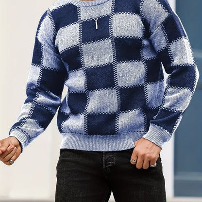 Men's Color Blocking Textured Checked Print Casual Trendy Sweater, Long Sleeve Pullover As Gift For Fall And Winter