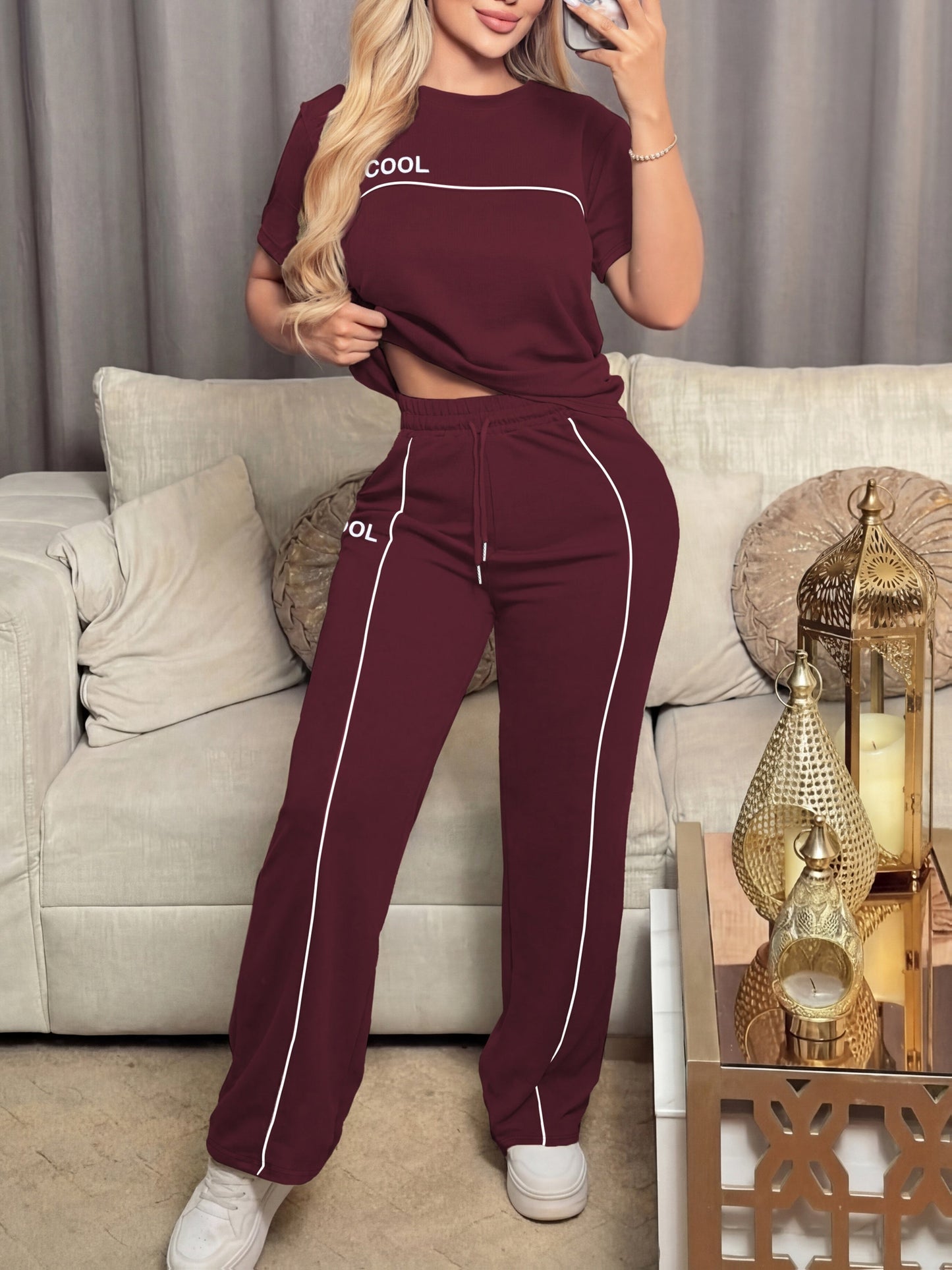 Women's Casual Letter Print Top & Wide Leg Pants Set - Spring/Summer - ayq