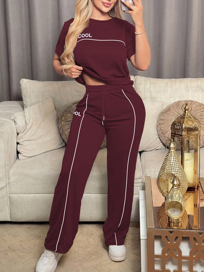 Women's Casual Letter Print Top & Wide Leg Pants Set - Spring/Summer - ayq