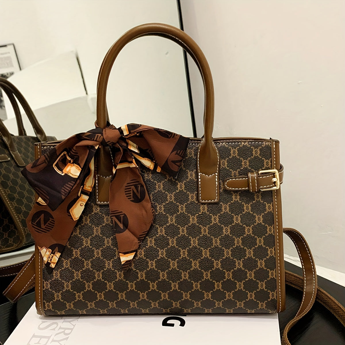 Created-Rubynet Large Handbag with Greek Key & Bow Design - Deep Brown Handbag, Golden-Tone Hardware, Fashion Bag for Ladies, Fashion Bags, Round Handbag, Fashionable Bags, Handbags Aesthetic, Large Soft Purse, Rectangular Ha