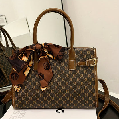 Created-Rubynet Large Handbag with Greek Key & Bow Design - Deep Brown Handbag, Golden-Tone Hardware, Fashion Bag for Ladies, Fashion Bags, Round Handbag, Fashionable Bags, Handbags Aesthetic, Large Soft Purse, Rectangular Ha