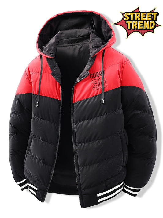 Տղամարդու ժամանակակից փողոցային ոճի գլխարկով բաճկոն՝ ասեղնագործված գրությամբ, գունային բլոկների դիզայնով, հանվող գլխարկով և պոլիեսթերային լցոնով։ Մեքենայով լվացվող երկար թևքով բաճկոն՝ գրպաններով՝ աշնանային ձմեռային առօրյա հագուստի համար։