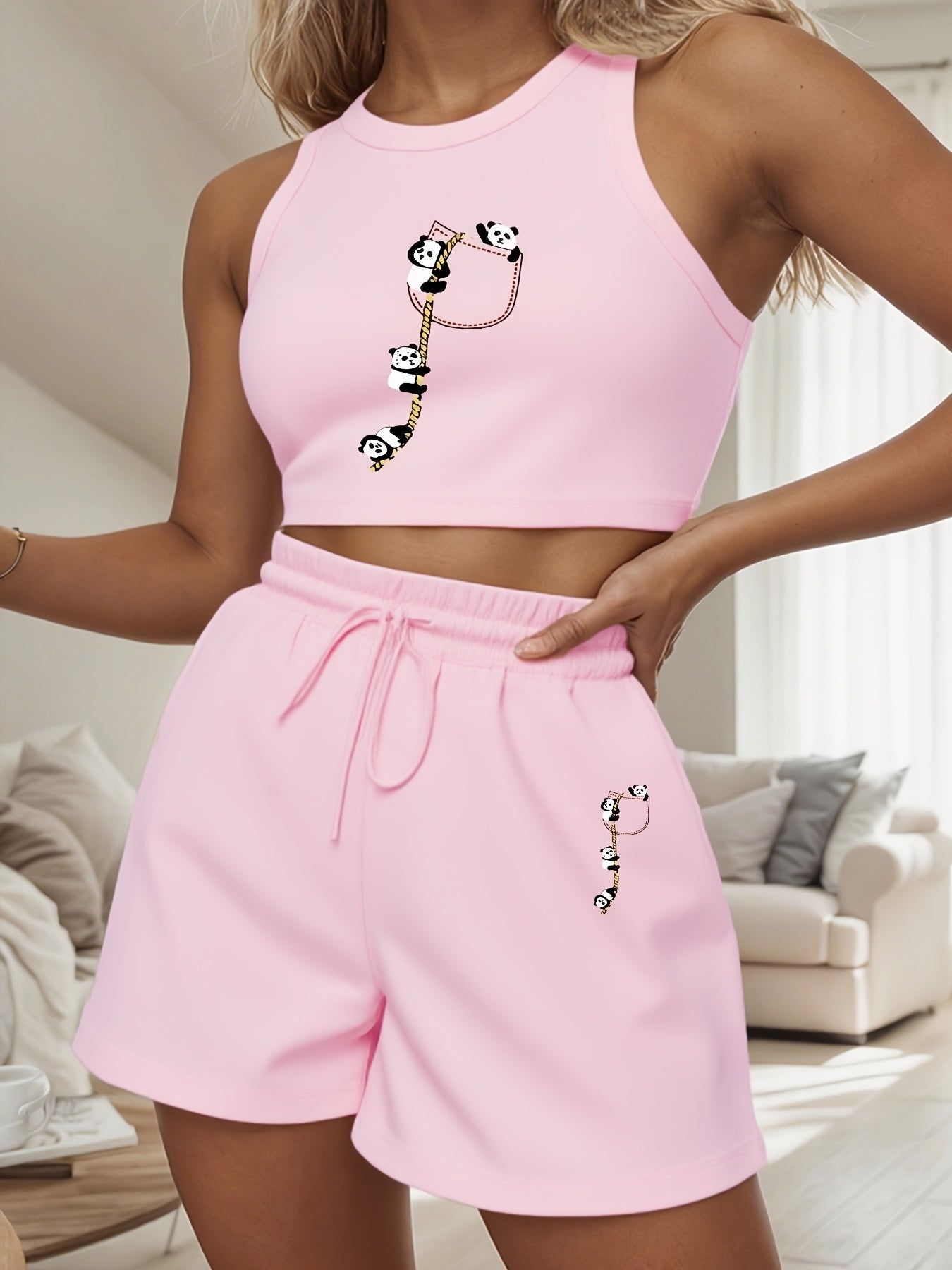 Women's Casual Two-Piece Set with English Print and Wide Leg Pants