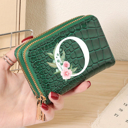 Minimalist Women'S Short Wallet Featuring a Double Zipper Design, with a Crocodile A-Z Letter Pattern. This Stylish Handbag Also Serves As a Fashionable Coin Wallet, Perfect for Travel, Back-To-School, Or Parties.
