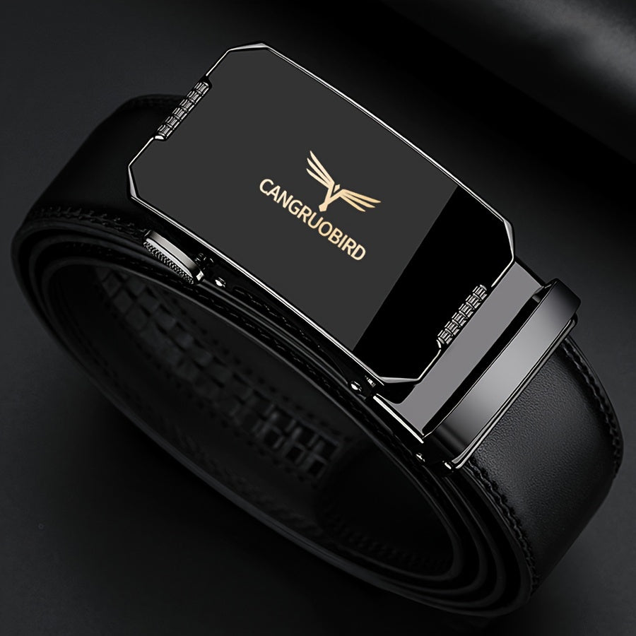 1pc Men'S Adjustable Automatic Buckle Belt - Sleek Black Faux Leather, Alloy Buckle, Stylish for Business & Casual Attire