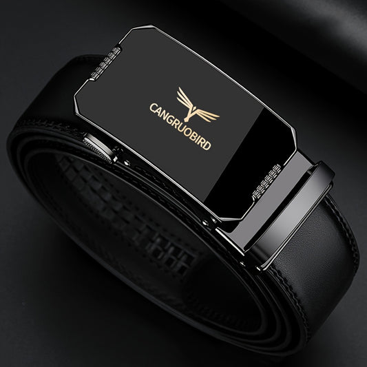 1pc Men'S Adjustable Automatic Buckle Belt - Sleek Black Faux Leather, Alloy Buckle, Stylish for Business & Casual Attire