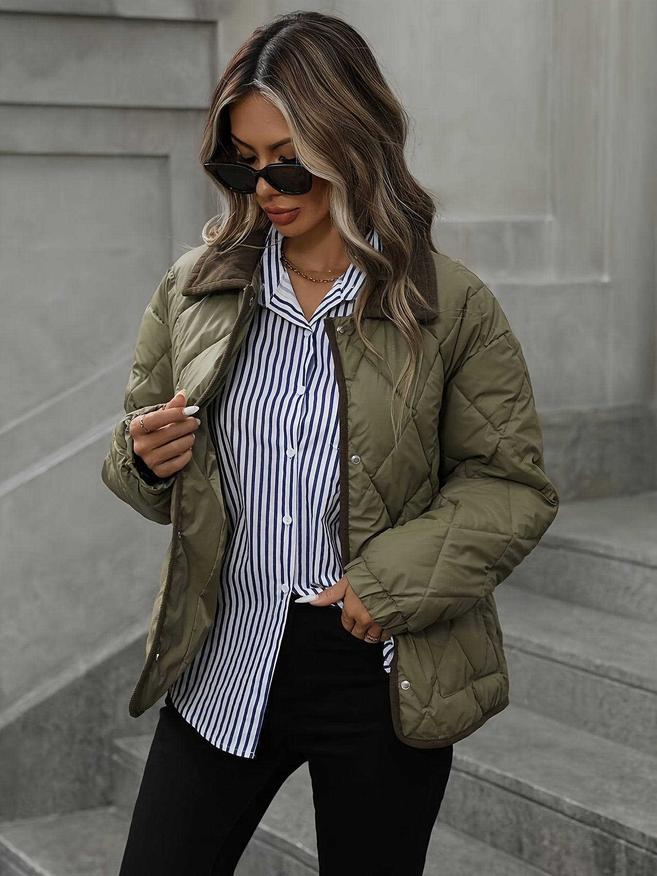 Ռոմբուսաձև նախշերով կանացի նորաձև վերնաշապիկ, օձիքով միահյուսված միաշերտ կարճ վերարկու, ձմեռ 2024, նորույթ, կոնտրաստային զարդանախշ, փոքր չափսի բաճկոն, նորաձև տաք, առօրյա վերնազգեստ, բարձր գնահատականներ ստացած